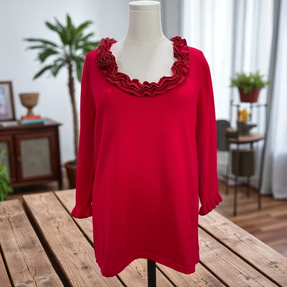 Quacker Factory Red Rose Knit Sweater Large‎ NWOT Romantic Floral Holiday Cozy